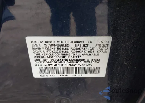 2013 Honda Pilot Lx z USA, uszkodzony, nr VIN 5FNYF4H21DB076428